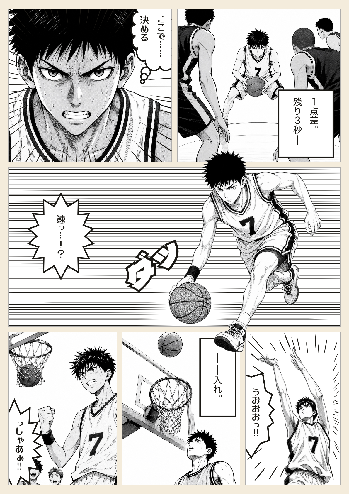 完成したマンガのページ（バスケ「ブザービーター」）